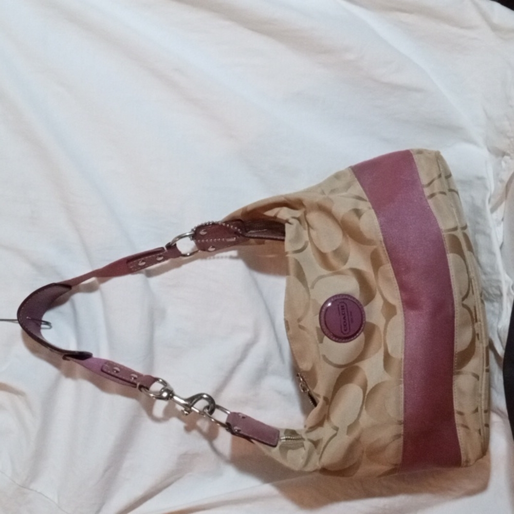 Coach Signature Light Khaki Stripe Lavender Purse